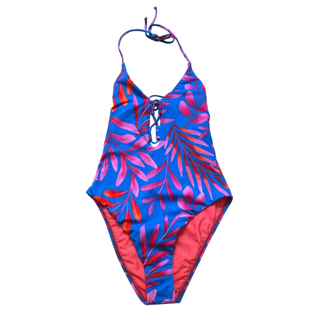 Ella Moss Swimsuit Women Blue Pink Tropical‎ Lace Up Halter One Piece SIZE S